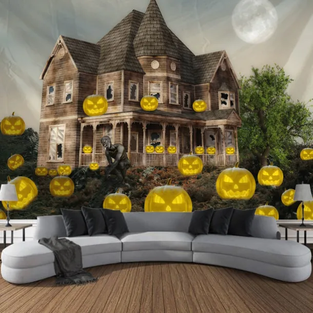 Halloween Decorations Tapestry Jack O Lantern Pumpkin Decor Wall Art Large Hanging Tapestry Mural Photograph Backdrop Blanket Curtain Home Bedroom Living Room Bats Haunted House Graveyard