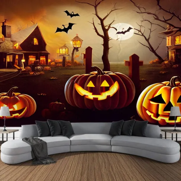Halloween Decorations Tapestry Jack O Lantern Pumpkin Decor Wall Art Large Hanging Tapestry Mural Photograph Backdrop Blanket Curtain Home Bedroom Living Room Bats Haunted House Graveyard