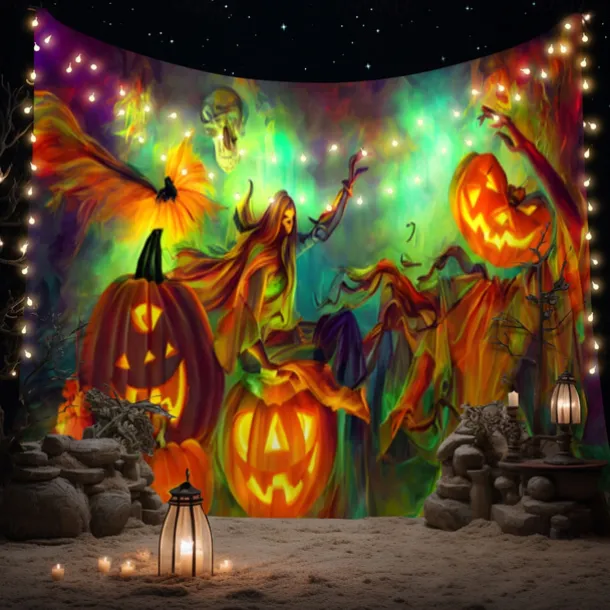 Halloween Decorations Tapestry Jack O Lantern Pumpkin Decor Wall Art Large Hanging Tapestry Mural Photograph Backdrop Blanket Curtain Home Bedroom Living Room Bats Haunted House Graveyard