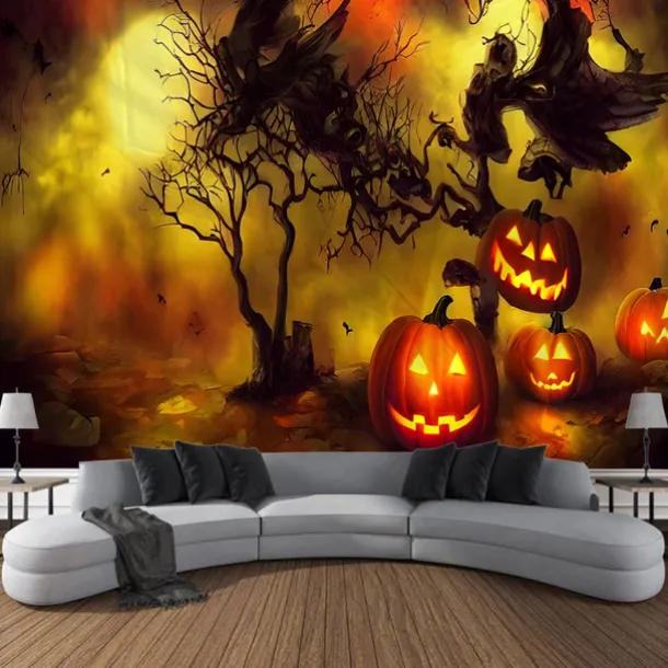 Halloween Decorations Tapestry Jack O Lantern Pumpkin Decor Wall Art Large Hanging Tapestry Mural Photograph Backdrop Blanket Curtain Home Bedroom Living Room Bats Haunted House Graveyard