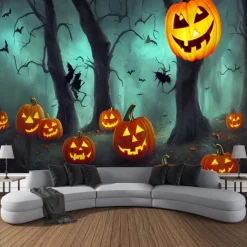 Halloween Decorations Tapestry Jack O Lantern Pumpkin Decor Wall Art Large Hanging Tapestry Mural Photograph Backdrop Blanket Curtain Home Bedroom Living Room Bats Haunted House Graveyard