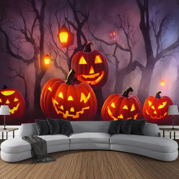 Halloween Decorations Tapestry Jack O Lantern Pumpkin Decor Wall Art Large Hanging Tapestry Mural Photograph Backdrop Blanket Curtain Home Bedroom Living Room Bats Haunted House Graveyard