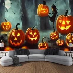 Halloween Decorations Tapestry Jack O Lantern Pumpkin Decor Wall Art Large Hanging Tapestry Mural Photograph Backdrop Blanket Curtain Home Bedroom Living Room Bats Haunted House Graveyard