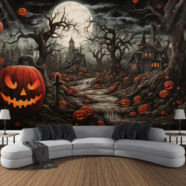 Halloween Decorations Tapestry Jack O Lantern Pumpkin Decor Wall Art Large Hanging Tapestry Mural Decor Photograph Backdrop Blanket Curtain Home Bedroom Living Room Skeleton Death