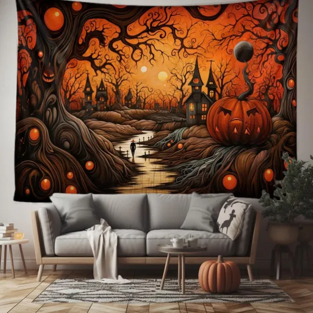 Halloween Decorations Tapestry Jack O Lantern Pumpkin Decor Wall Art Large Hanging Tapestry Mural Decor Photograph Backdrop Blanket Curtain Home Bedroom Living Room Skeleton Death