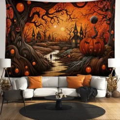 Halloween Decorations Tapestry Jack O Lantern Pumpkin Decor Wall Art Large Hanging Tapestry Mural Decor Photograph Backdrop Blanket Curtain Home Bedroom Living Room Skeleton Death