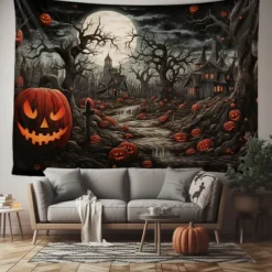 Halloween Decorations Tapestry Jack O Lantern Pumpkin Decor Wall Art Large Hanging Tapestry Mural Decor Photograph Backdrop Blanket Curtain Home Bedroom Living Room Skeleton Death