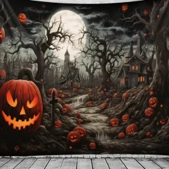 Halloween Decorations Tapestry Jack O Lantern Pumpkin Decor Wall Art Large Hanging Tapestry Mural Decor Photograph Backdrop Blanket Curtain Home Bedroom Living Room Skeleton Death