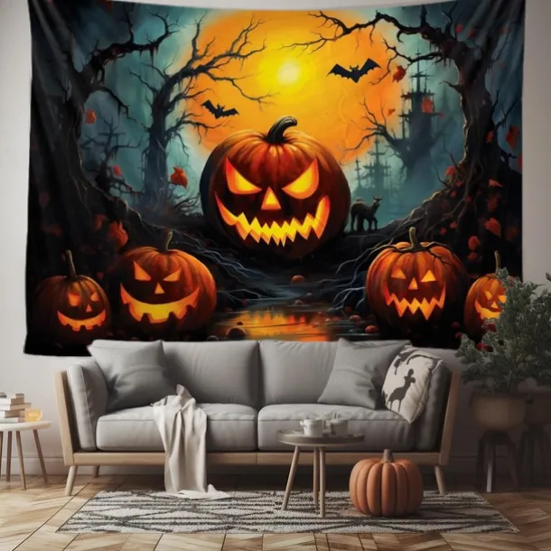 Halloween Decorations Tapestry Jack O Lantern Pumpkin Decor Wall Art Large Hanging Tapestry Mural Decor Photograph Backdrop Blanket Curtain Home Bedroom Living Room Bat Haunted House Graveyard