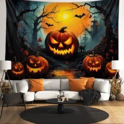 Halloween Decorations Tapestry Jack O Lantern Pumpkin Decor Wall Art Large Hanging Tapestry Mural Decor Photograph Backdrop Blanket Curtain Home Bedroom Living Room Bat Haunted House Graveyard