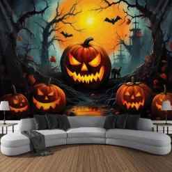 Halloween Decorations Tapestry Jack O Lantern Pumpkin Decor Wall Art Large Hanging Tapestry Mural Decor Photograph Backdrop Blanket Curtain Home Bedroom Living Room Bat Haunted House Graveyard