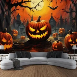 Halloween Decorations Tapestry Jack O Lantern Pumpkin Decor Wall Art Large Hanging Tapestry Mural Decor Photograph Backdrop Blanket Curtain Home Bedroom Living Room Bat Haunted House Graveyard