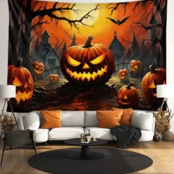 Halloween Decorations Tapestry Jack O Lantern Pumpkin Decor Wall Art Large Hanging Tapestry Mural Decor Photograph Backdrop Blanket Curtain Home Bedroom Living Room Bat Haunted House Graveyard