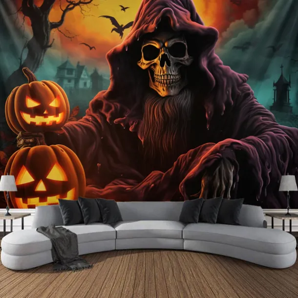 Halloween Decorations Tapestry Jack O Lantern Pumpkin Decor Wall Art Large Hanging Tapestry Mural Decor Photograph Backdrop Blanket Curtain Home Bedroom Living Room Skeleton Death