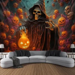 Halloween Decorations Tapestry Jack O Lantern Pumpkin Decor Wall Art Large Hanging Tapestry Mural Decor Photograph Backdrop Blanket Curtain Home Bedroom Living Room Skeleton Death