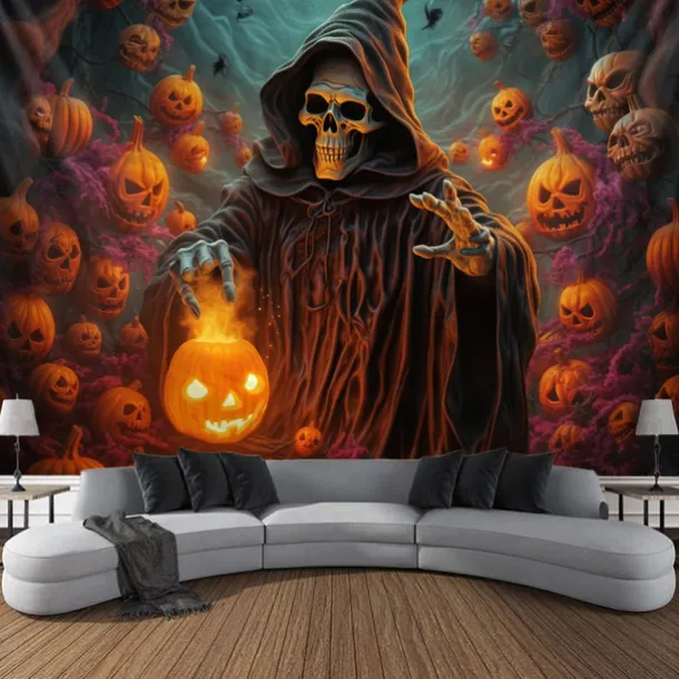 Halloween Decorations Tapestry Jack O Lantern Pumpkin Decor Wall Art Large Hanging Tapestry Mural Decor Photograph Backdrop Blanket Curtain Home Bedroom Living Room Skeleton Death