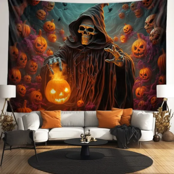 Halloween Decorations Tapestry Jack O Lantern Pumpkin Decor Wall Art Large Hanging Tapestry Mural Decor Photograph Backdrop Blanket Curtain Home Bedroom Living Room Skeleton Death
