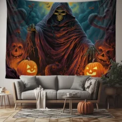 Halloween Decorations Tapestry Jack O Lantern Pumpkin Decor Wall Art Large Hanging Tapestry Mural Decor Photograph Backdrop Blanket Curtain Home Bedroom Living Room Skeleton Death