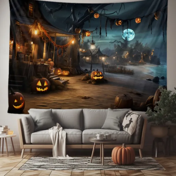 Halloween Decorations Tapestry Jack O Lantern Pumpkin Decor Wall Art Large Hanging Tapestry Mural Decor Photograph Backdrop Blanket Curtain Home Bedroom Living Room Bat Beach