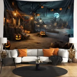 Halloween Decorations Tapestry Jack O Lantern Pumpkin Decor Wall Art Large Hanging Tapestry Mural Decor Photograph Backdrop Blanket Curtain Home Bedroom Living Room Bat Beach