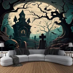 Halloween Decorations Wall Art Large Tapestry Mural Photo Background Blanket Curtains Bedroom Living Room Decoration Horror Pumpkin Monster Graveyard Haunted House