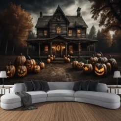 Halloween Decorations Wall Art Large Tapestry Mural Photo Background Blanket Curtains Bedroom Living Room Decoration Horror Pumpkin Monster Graveyard Haunted House