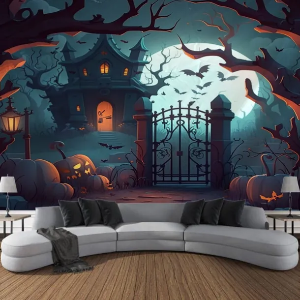 Halloween Decorations Wall Art Large Tapestry Mural Photo Background Blanket Curtains Bedroom Living Room Decoration Horror Pumpkin Monster Graveyard Haunted House