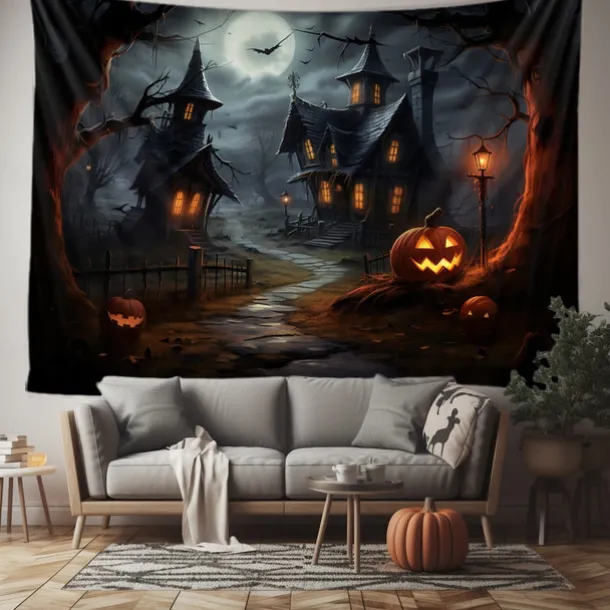 Halloween Decorations Wall Art Large Tapestry Mural Photo Background Blanket Curtains Bedroom Living Room Decoration Horror Pumpkin Monster Graveyard Haunted House