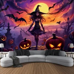 Halloween Decorations Witch Blacklight Tapestry UV Reactive Glow in the Dark Misty Hanging Tapestry Wall Art Mural for Living Room Bedroom Bats Skeleton Pumpkin