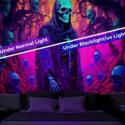 Halloween Decorations Witch Blacklight Tapestry UV Reactive Glow in the Dark Misty Hanging Tapestry Wall Art Mural for Living Room Bedroom Bats Skeleton Pumpkin
