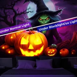 Halloween Decorations Witch Blacklight Tapestry UV Reactive Glow in the Dark Misty Hanging Tapestry Wall Art Mural for Living Room Bedroom Bats Skeleton Pumpkin