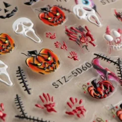 Halloween Decorative Nail Sticker Skull Head Spider Bone Pumpkin Embossed Nail Sticker Halloween Skeleton Decoration