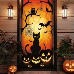 Halloween Door Cover – Black Cat with "Happy Halloween" Sign and Jack-O'-Lanterns, Haunted House Entrance Banner, Cute & Spooky Outdoor 2025 Halloween Decoration for Bedroom, Living Room, Bathroom