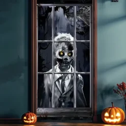 Halloween Door Cover – Creepy Zombie Man at Window, Haunted House Entrance Banner, Scary Outdoor & Indoor 2025 Halloween Decoration for Bedroom, Living Room, Bathroom