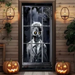 Halloween Door Cover – Creepy Zombie Man at Window, Haunted House Entrance Banner, Scary Outdoor & Indoor 2025 Halloween Decoration for Bedroom, Living Room, Bathroom