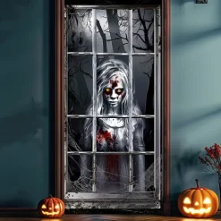 Halloween Door Cover – Creepy Zombie Man at Window, Haunted House Entrance Banner, Scary Outdoor & Indoor 2025 Halloween Decoration for Bedroom, Living Room, Bathroom