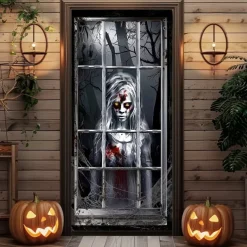 Halloween Door Cover – Creepy Zombie Man at Window, Haunted House Entrance Banner, Scary Outdoor & Indoor 2025 Halloween Decoration for Bedroom, Living Room, Bathroom