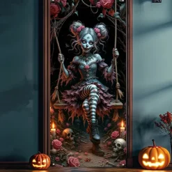 Halloween Door Cover – Creepy Porcelain Doll in Blue Dress, Haunted House Entrance Banner, Scary Outdoor & Indoor Decoration for 2025 Halloween Bedroom, Living Room, Bathroom