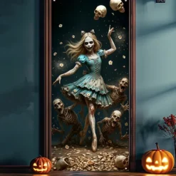 Halloween Door Cover – Creepy Porcelain Doll in Blue Dress, Haunted House Entrance Banner, Scary Outdoor & Indoor Decoration for 2025 Halloween Bedroom, Living Room, Bathroom