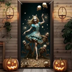 Halloween Door Cover – Creepy Porcelain Doll in Blue Dress, Haunted House Entrance Banner, Scary Outdoor & Indoor Decoration for 2025 Halloween Bedroom, Living Room, Bathroom