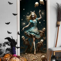 Halloween Door Cover – Creepy Porcelain Doll in Blue Dress, Haunted House Entrance Banner, Scary Outdoor & Indoor Decoration for 2025 Halloween Bedroom, Living Room, Bathroom
