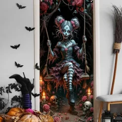 Halloween Door Cover – Creepy Porcelain Doll in Blue Dress, Haunted House Entrance Banner, Scary Outdoor & Indoor Decoration for 2025 Halloween Bedroom, Living Room, Bathroom