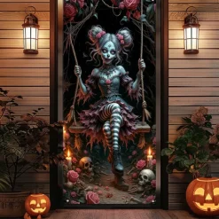 Halloween Door Cover – Creepy Porcelain Doll in Blue Dress, Haunted House Entrance Banner, Scary Outdoor & Indoor Decoration for 2025 Halloween Bedroom, Living Room, Bathroom
