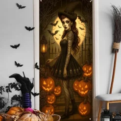 Halloween Door Cover – Creepy Porcelain Doll in Blue Dress, Haunted House Entrance Banner, Scary Outdoor & Indoor Decoration for 2025 Halloween Bedroom, Living Room, Bathroom
