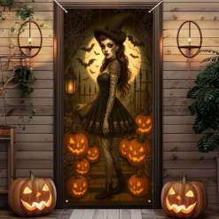 Halloween Door Cover – Creepy Porcelain Doll in Blue Dress, Haunted House Entrance Banner, Scary Outdoor & Indoor Decoration for 2025 Halloween Bedroom, Living Room, Bathroom