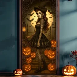 Halloween Door Cover – Creepy Porcelain Doll in Blue Dress, Haunted House Entrance Banner, Scary Outdoor & Indoor Decoration for 2025 Halloween Bedroom, Living Room, Bathroom