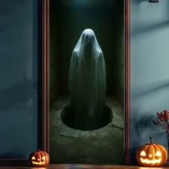 Halloween Door Cover – Creepy Ghost Girl Behind Glass Door, Haunted House Entrance Banner, Horror Outdoor 2025 Halloween Decoration for Bedroom, Living Room, Bathroom
