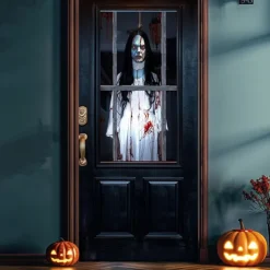 Halloween Door Cover – Creepy Ghost Girl Behind Glass Door, Haunted House Entrance Banner, Horror Outdoor 2025 Halloween Decoration for Bedroom, Living Room, Bathroom