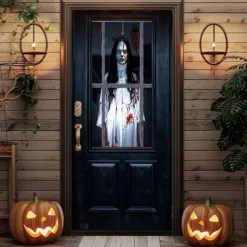 Halloween Door Cover – Creepy Ghost Girl Behind Glass Door, Haunted House Entrance Banner, Horror Outdoor 2025 Halloween Decoration for Bedroom, Living Room, Bathroom