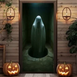 Halloween Door Cover – Creepy Ghost Girl Behind Glass Door, Haunted House Entrance Banner, Horror Outdoor 2025 Halloween Decoration for Bedroom, Living Room, Bathroom